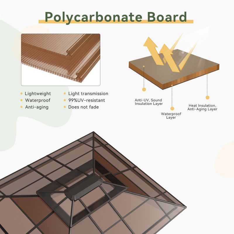 Aoxun 12'x10' Hardtop Gazebo, Aluminum Frame Permanent Pavilion with Curtains and Netting, Outdoor Polycarbonate Double Roof Canopy, Designed for Garden, Lawns, Patio, Brown