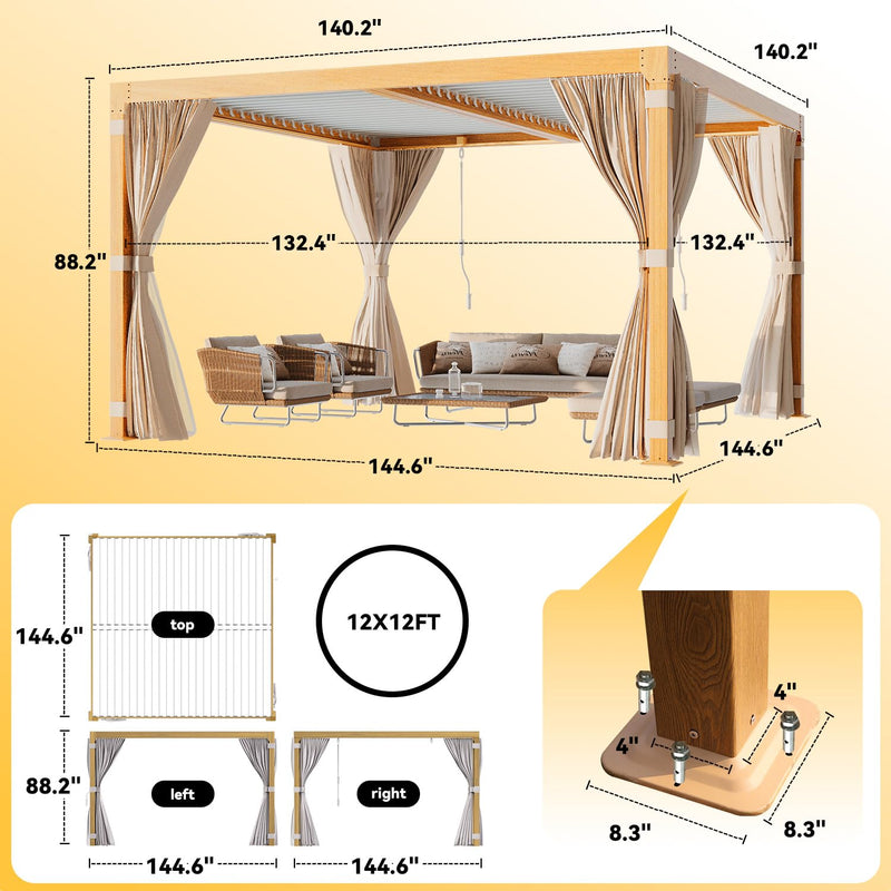 UPHYB Louvered Pergola 12x12ft, Adjustable Aluminum Pergola with Waterproof Curtains and Nets, Sun & Rain Shade for Patio, Modern DIY Outdoor Living Upgrade, Woodgrain