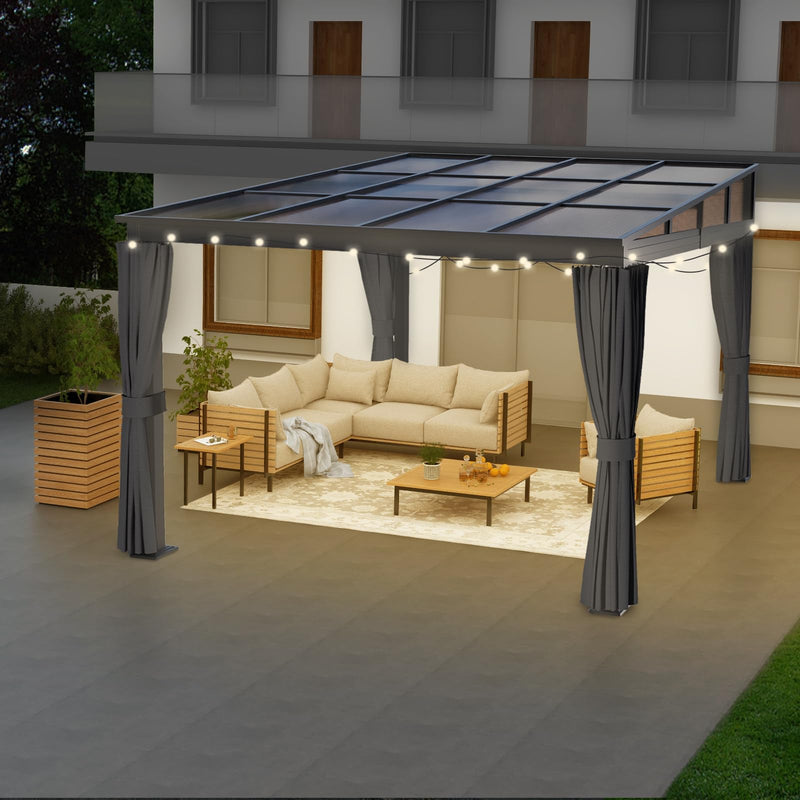 10'x10' Lean to Gazebo, Wall Mounted Gazebo with Aluminum Frame, Curtains and Netting for Patio,Decks, Garden and Lawn