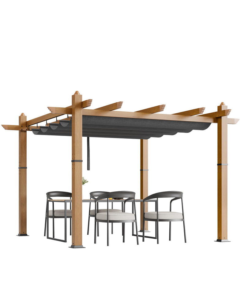 Garvee 10x10 Ft Outdoor Pergola with Retractable Canopy – Upgraded Aluminum Faux Wood Grain Metal Patio Pergola for Modern Backyard Deck, Porch, Grape Trellis in Grey