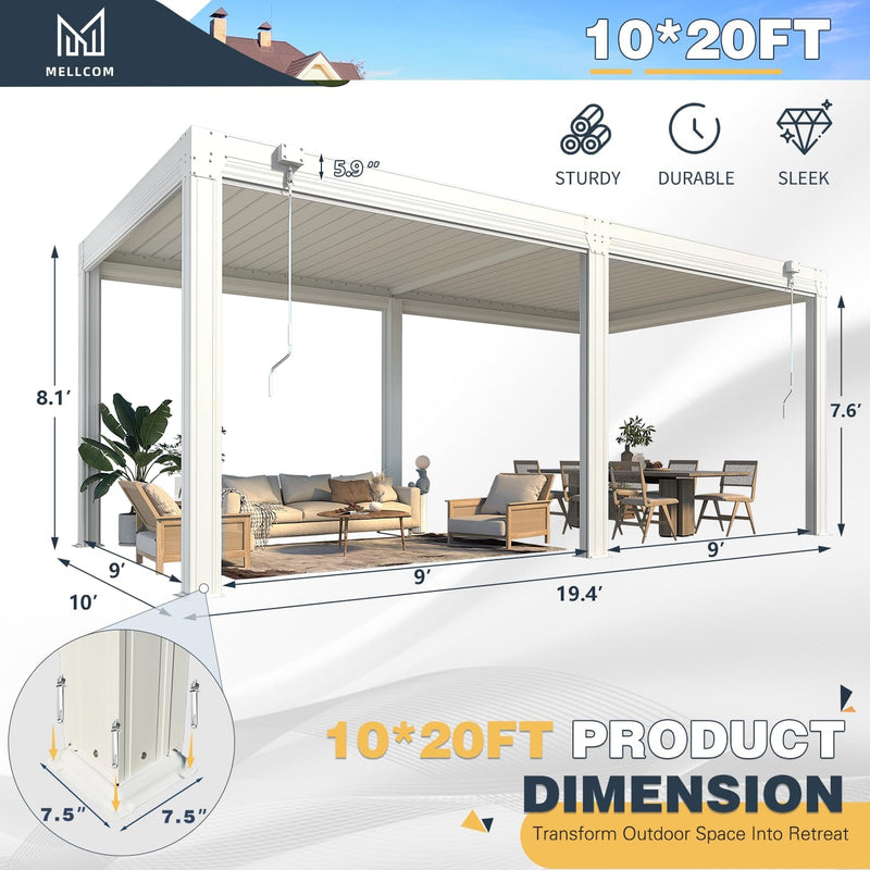 MELLCOM 10x20FT Louvered Pergola with 6-Panel Pull-Down Screen, Aluminum Pergola with Adjustable Rainproof Roof for Patio, Lawn & Garden, White
