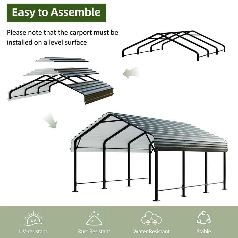 JAMFLY 12X15 FT Carport, Heavy Duty Carport Canopy with Galvanized Steel Roof and Frame, Metal Carport Upgraded Extra Large Garage for Pickup, Boat, Car and Tractors