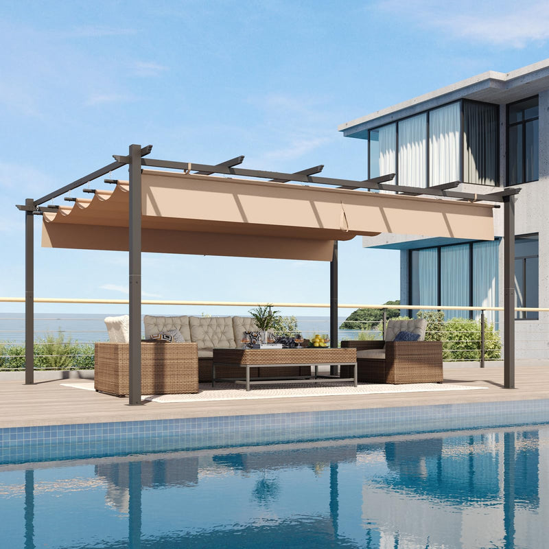 Aoxun 12x16 Outdoor Pergola, Patio Aluminum Pergola with Upgraded Retractable Canopy, Heavy Duty Metal Pergolas and Gazebos with Adjustable Sun Shade Cover for Modern Backyard, Deck, Garden