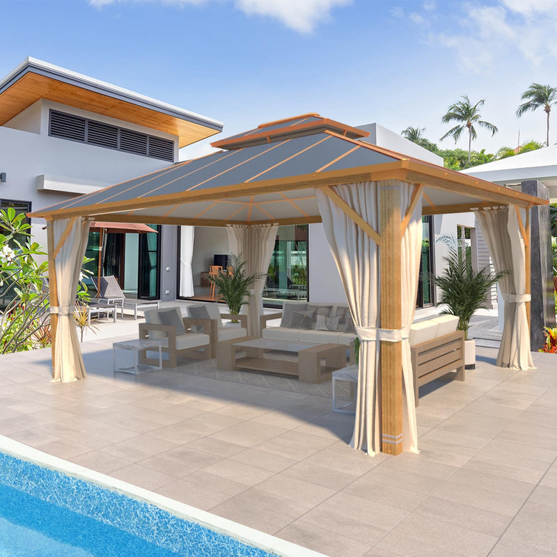 MELLCOM 12x14FT Hardtop Gazebo,Wooden Finish Coated Aluminum Patio Gazebo with Aluminum Composite Double Roof for Patio Lawn and Garden, Curtains and Netting Included