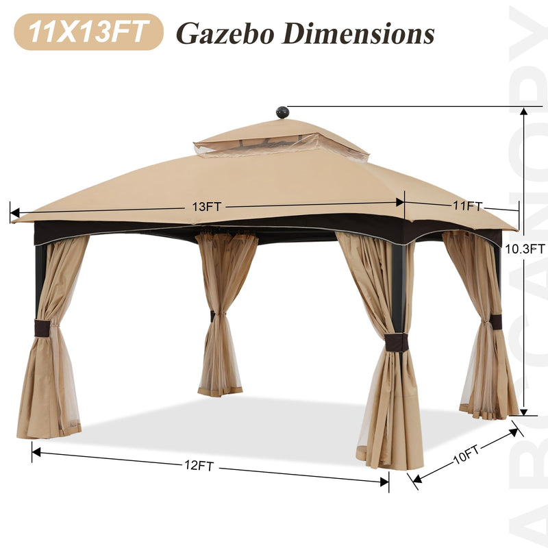 ABCCANOPY Outdoor Gazebo 11x13 with Netting - Double Roof Patio Gazebos for Backyard Garden Deck Lawn, Beige