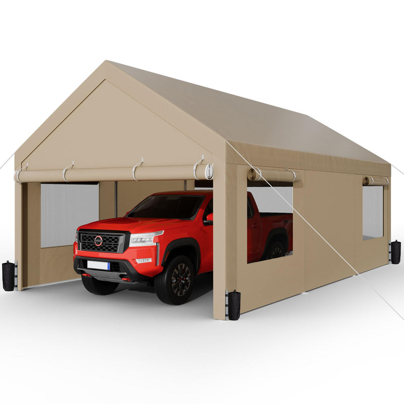 Shintenchi Carport 12' x 20' Heavy Duty Portable Garage, Car Port Canopy with Side-Opening Removable Door & Roll-Up Windows, Car Canopy for Truck,Car,Boat,Motorcycle,Khaki