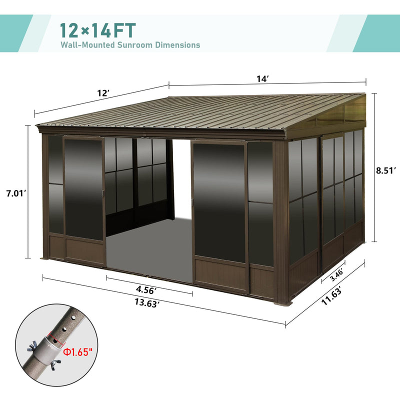 Domi Lean-to Sunroom 12x14FT, Wall Mounted Solarium with Galvanized Steel Sloping Roof, Moveable PVC Screen, Front Door&Side Sliding Door, Aluminum Gazebo Against Wall Sun Room for Patio Deck