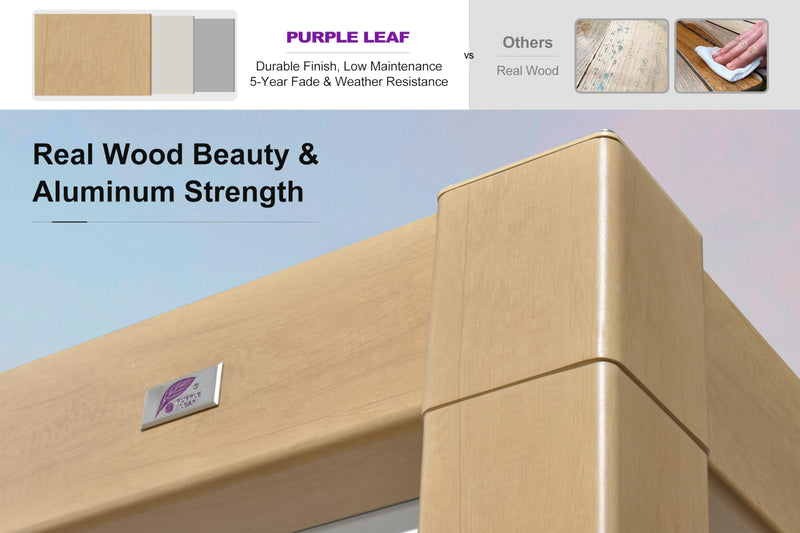 PURPLE LEAF 10' x 12' Louvered Pergola Outdoor Wood Grain Aluminum Pergola with Adjustable Roof Retractable Patio Rainproof Hardtop Gazebo for Deck Backyard Garden