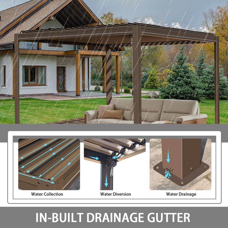 Domi Louvered Pergola 10' x 10' Outdoor Aluminum Pergola with Adjustable Roof, Aluminum Frame, Efficient Drainage System for Patio, Deck, Garden, Brown