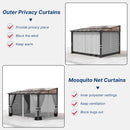 Gotland 10FTx14FT Outdoor Wall-Mounted Hardtop Pergola, Metal Frame Gazebo with Sloping Sun Panel Roof and Double Curtains for Patio, Garden, Lawn, Grey