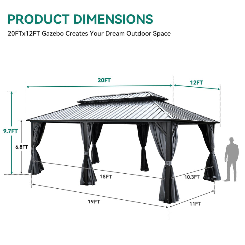 YITAHOME 12X20FT Hard Top Metal Gazebo Patios Double Roof Canopy Aluminum Frame Garden Gazebo Tent Curtains Netting for Patios Backyards Decks Lawns Gray