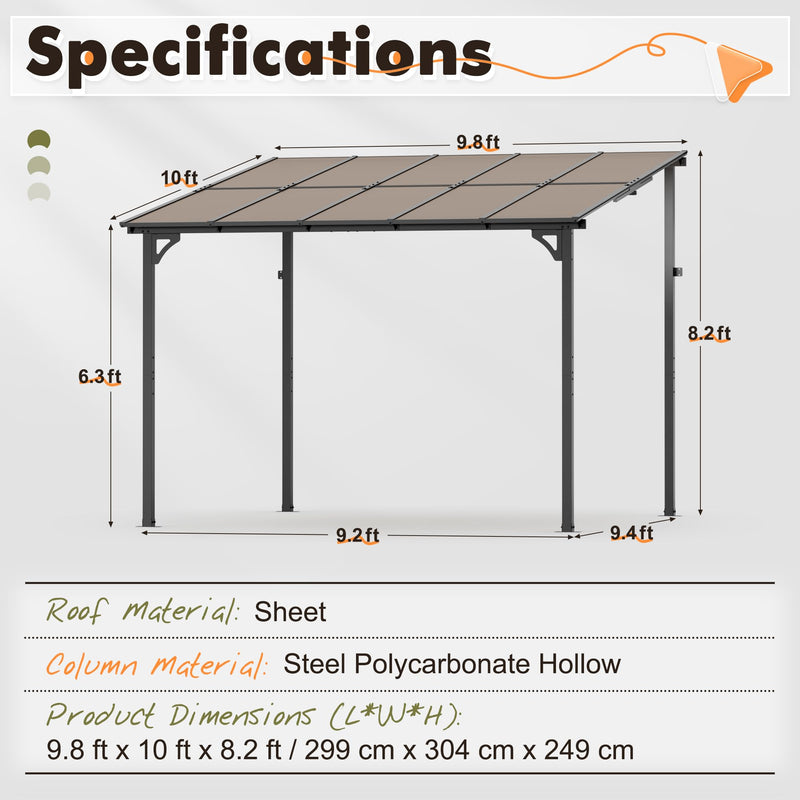 Crownland 10'x10' Outdoor Gazebo Hardtop, Wall-Mounted Lean-to Gazebo with Dewatering Hole, Large Outdoor Pergola Awning, Waterproof for Deck, Backyard, Garden, Porch
