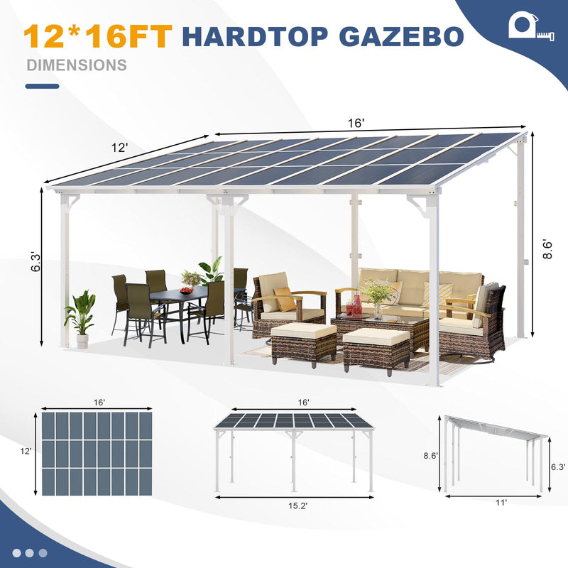 MEISSALIVVE 12' x 16' Gazebo, Wall Mounted Gazebo, Lean to Metal Awnings Gazebos, Gazebo Pergola with Sloped Roof, Outdoor Patio Gazebo Awning for Backyard, Deck, White