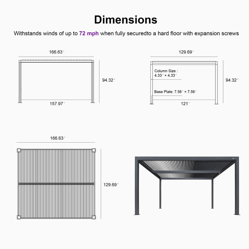 PURPLE LEAF LED Louvered Pergola 11'x 14' Full Aluminum Frame and Adjustable Roof Integrated Strip Lights for Outdoor Deck Garden Patio Gray Hardtop Gazebo Pergola
