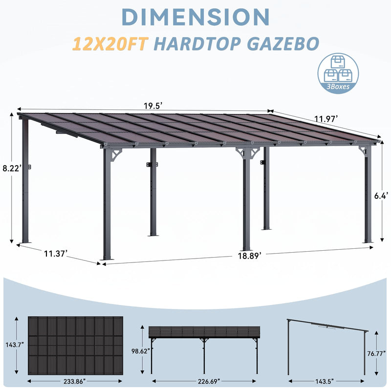 Aoxun 12' x 20' Gazebo for Patio, Gazebo Pergola with Sloped Roof, Large Wall-Mounted Heavy Duty Awnings, for Patio, Backyard, Deck