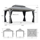 PURPLE LEAF 11' x 15' Permanent Hardtop Gazebo with Galvanized Steel Double Roof and Aluminum Frames Outdoor Large Pavilion Gazebo for Patio Deck Garden, Netting and Curtains Included, Light Grey