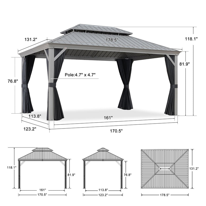 PURPLE LEAF 11' x 15' Permanent Hardtop Gazebo with Galvanized Steel Double Roof and Aluminum Frames Outdoor Large Pavilion Gazebo for Patio Deck Garden, Netting and Curtains Included, Light Grey