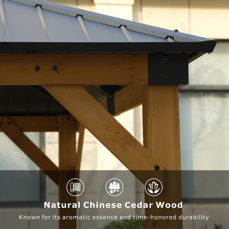 Oasisphere 10x12 Wood Gazebo, Cedar Wood Hardtop Pavilion with Double-Layer Galvanized Steel Roof, 120mm Thick Wooden Posts for Patio, Backyard, Garden, Deck