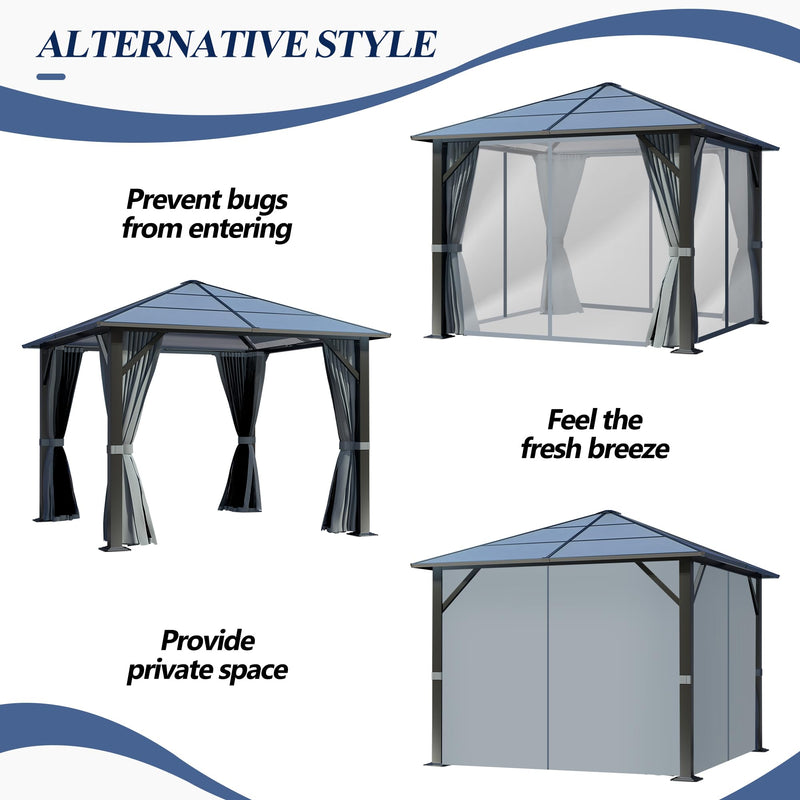 GARTOO 10’x10’ Patio Hardtop Gazebo with Polycarbonate Roof, Waterproof Outdoor Canopy Gazebo, Steel Frame Permanent Pavilion with Curtains and Netting, Perfect for Backyard, Patio, Lawn, Garden