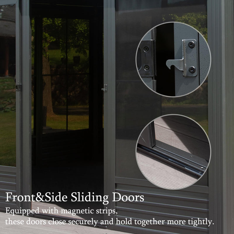 Domi 12x14FT Outdoor Sunroom, Galvanized Steel Hardtop Enclose Gazebo Sloping Roof, All Weather Aluminum Solarium Screen House for Patio Deck Backyard with Lockable Door, Moveable PVC Screen