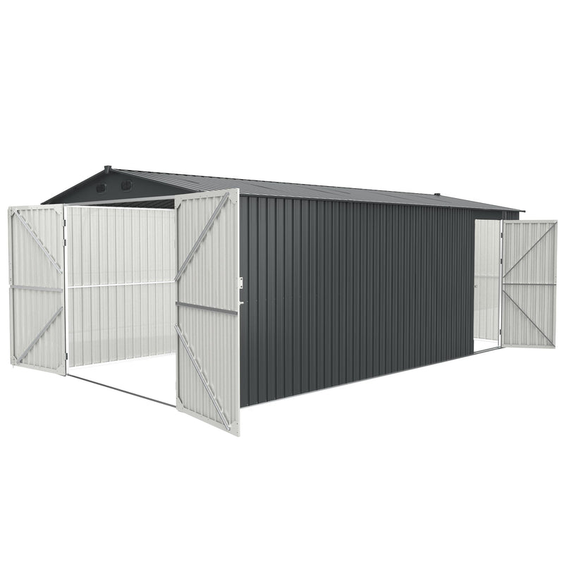 Dark Grey Outdoor Storage shed 20x10 feet, Outdoor carport, Metal Garden shed, Backyard Utility Room Building, with 2 Doors and 4 Ventilation Openings
