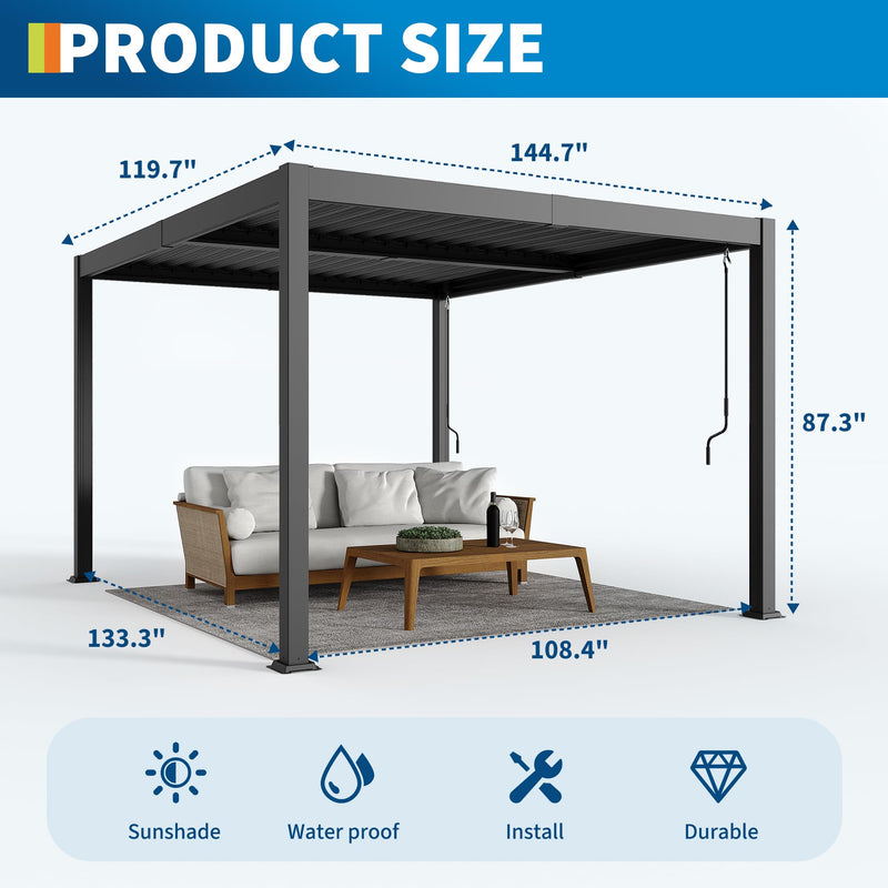 10X12 FT Pergola with Independent Adjustable Rainproof Roof, Outdoor Aluminum Louvered Pergola with Adjustable Top for Deck Garden Backyard