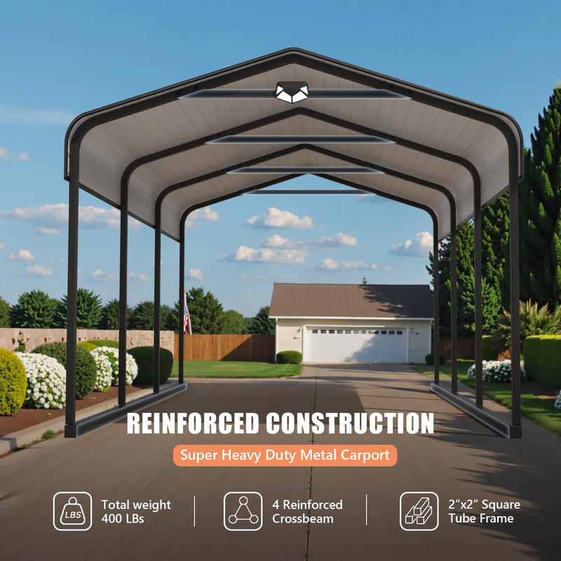 Benass 10x15 Metal Carport, Carport Canopy 10x15 Heavy Duty, Galvanized Steel Roof Car Port with Removable Polyethylene Sidewalls