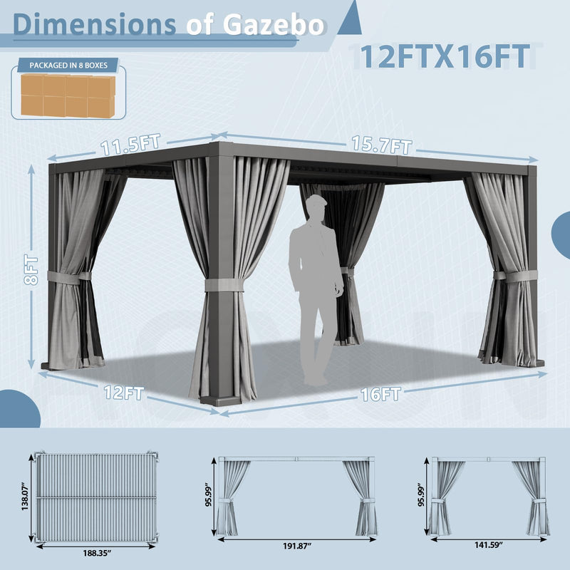 Aoxun Louvered Pergola 12' x 16' Outdoor Aluminum Pergola Adjustable Roof, with Waterproof Curtains and Nets, for Decks, Gardens, Gray
