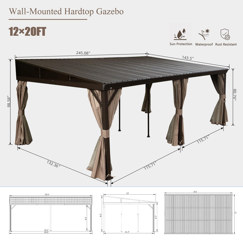 Domi 12' x 20' Lean to Gazebo with Aluminum Frame, Wall Mounted Gazebo Hardtop Galvanized Steel Sloping Roof with Curtains and Netting for Patio Deck Backyard Lawn Party…