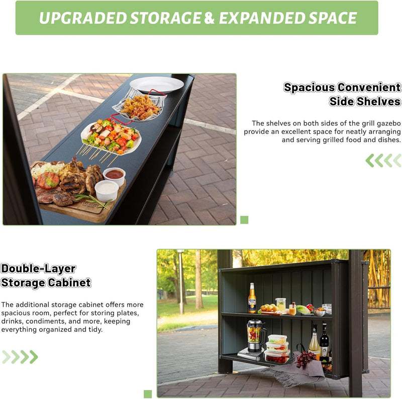 6x10FT Hardtop Grill Gazebo, Outdoor BBQ Gazebo with Double Galvanized Steel Roof, Patio Grill Canopy with 2 Storage Cabinets and Ceiling Hooks for Backyard, Lawn, Garden,Brown