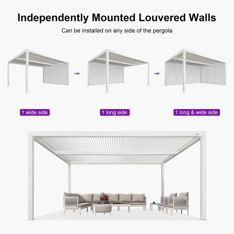 PURPLE LEAF Louvered Pergola 12' x 16' Outdoor White Aluminum Pergola with Fixed Shutter Wall Adjustable Roof Gazebo for Patio Backyard, 1 Long Side and 1 Short Side