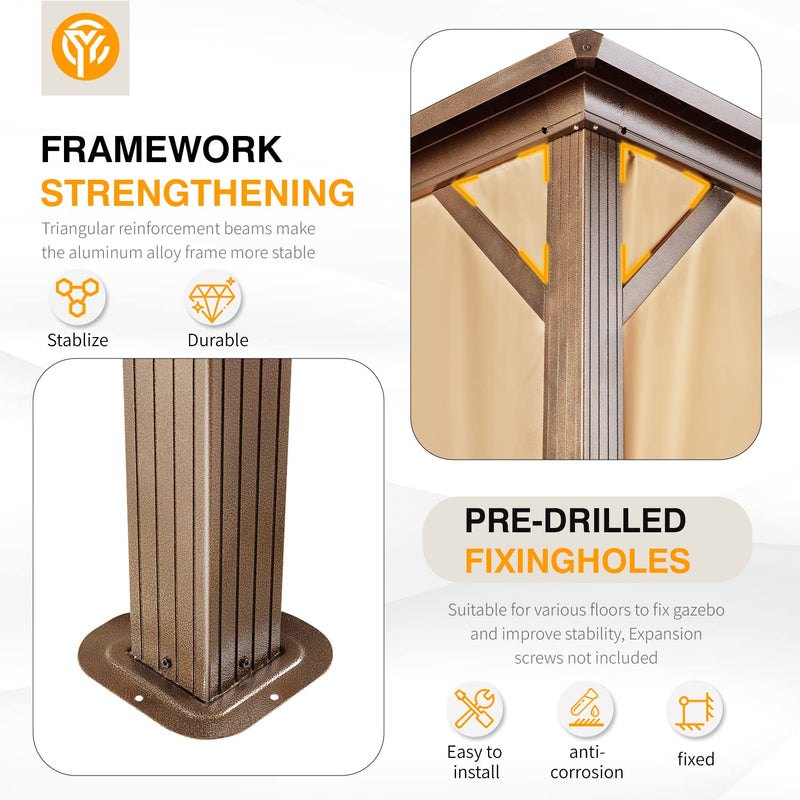 YOLENY 12' x 14' Hardtop Gazebo, Galvanized Steel Metal Double Roof Aluminum Frame Gazebo with Curtain and Netting, Permanent Pavilion Pergola for Outdoor, Patio, Garden, Lawn, Pool Side, Brown