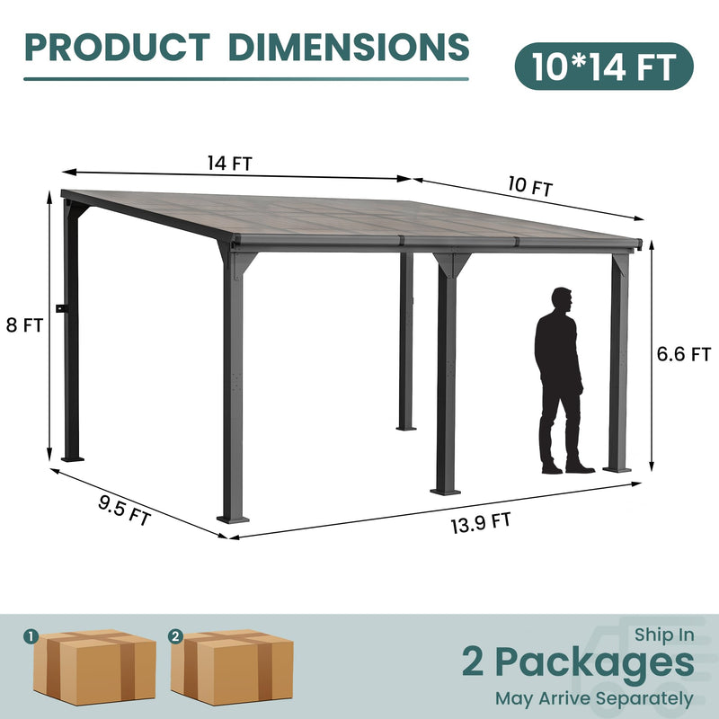 Pamapic 10 * 14FT Wall Mounted Gazebo,4*4 Inch Thickened Pillars & Enlarged Base,Outdoor Hardtop Lean to Pergola,UV Resistant Polycarbonate Roof,Aluminum Frame Pergola,Outdoor Patio Awnings for Lawn