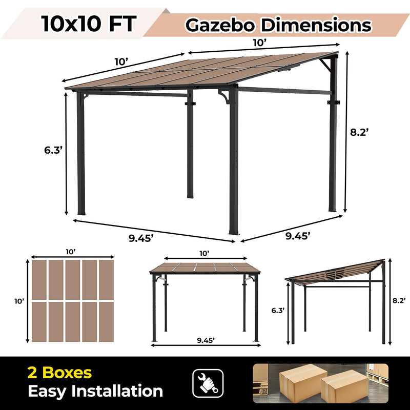 10'x 10'Wall Mounted Gazebo, Hardtop Lean-to Pergola with Polycarbonate Roof, Heavy Duty Outdoor Patio Awnings for Deck, Porch, Backyard, Garden, Weather Resistant, Brown