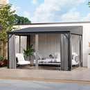 MOUMON 10x12Ft Hardtop Gazebo, Aluminum Frame Wall Mount Outdoor Gazebo with Netting & Curtains, Sloping Galvanized Iron Roof, Sun Shade Pergola Canopy for Patio Garden Backyard, Black Grey