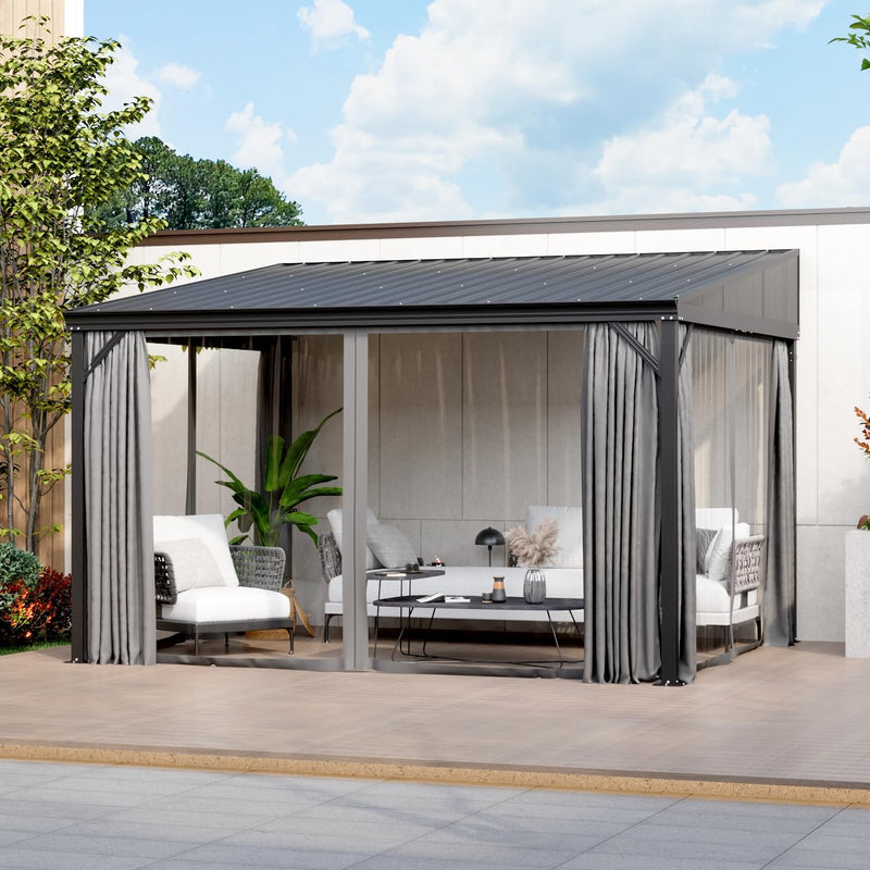 MOUMON 10x12Ft Hardtop Gazebo, Aluminum Frame Wall Mount Outdoor Gazebo with Netting & Curtains, Sloping Galvanized Iron Roof, Sun Shade Pergola Canopy for Patio Garden Backyard, Black Grey