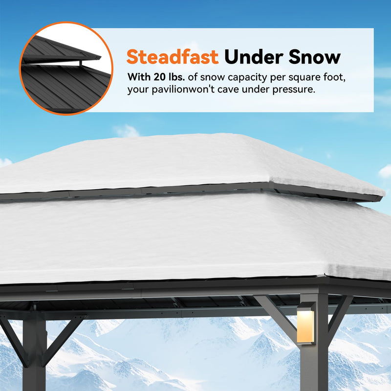 Modern Shade The Horizon Permanent Hardtop Gazebo 12' x 16' w/ 4 LED Lights, Outdoor Gazebo w/Galvanized Steel Double Roof, Patio Pavilion w/Decor Hooks, Mosquito Nettings, Black