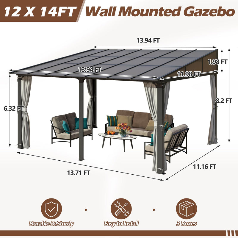 Raysfung 12x14FT Outdoor Wall-Mounted Hardtop Gazebo, Aluminum Frame Lean to Gazebo with Polycarbonate Roof and Curtains for Patio, Garden, Deck