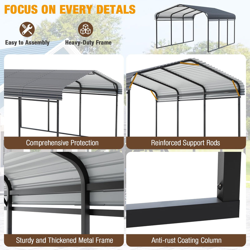 EBE 10 x 15 FT Metal Carport, Heavy Duty Carports with Galvanized Steel Roof, Outdoor Carport Canopy Garage Shelter Shade for Car, SUV, Truck, Boats and Tractors