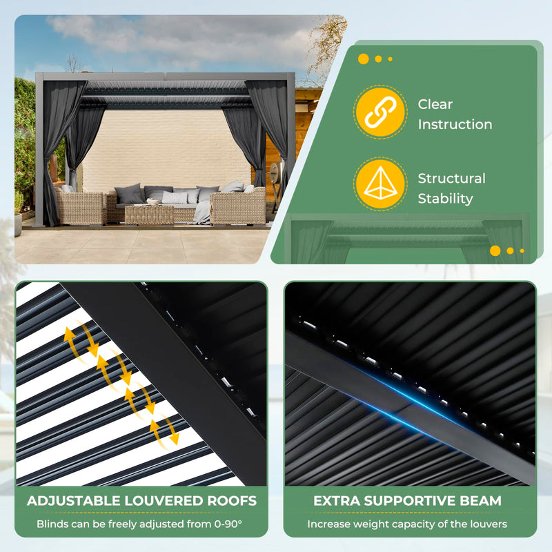 LVUYOYO 10' x 13' Outdoor Louvered Pergola, Metal Aluminum Pergola with Adjustable Roof, Waterproof Gazebo with Curtains and Netting for Patio, Backyard, Garden, Deck (Black)