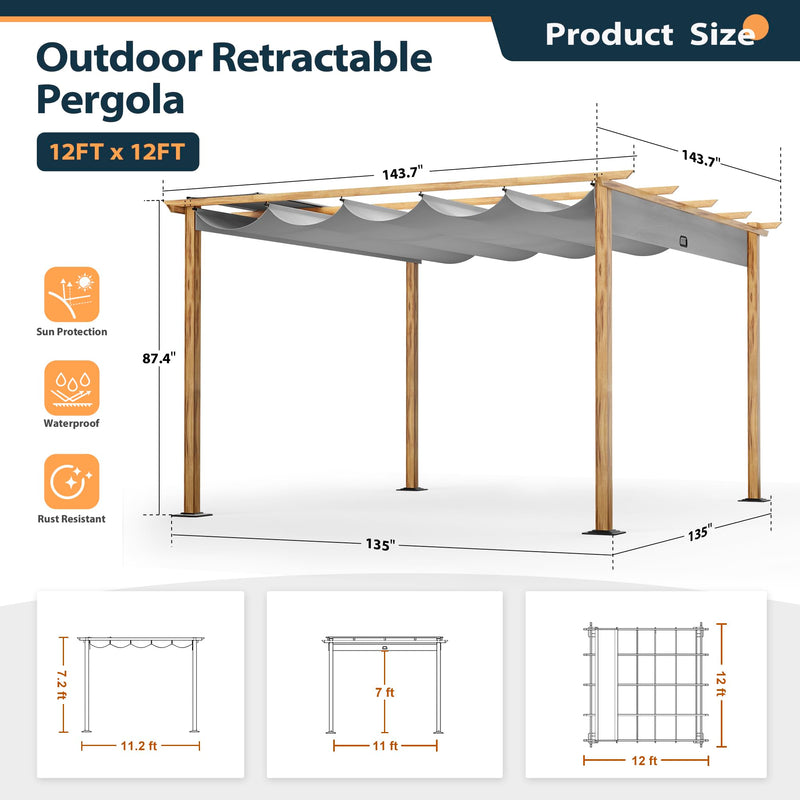 HAPPATIO 12' X 12' Retractable Pergola Canopy for Backyard, Garden, Patio; Woodgrain-Look Aluminum Frame with Retractable Pergola Canopy, Includes Anchors and Expansion Screws (Grey)