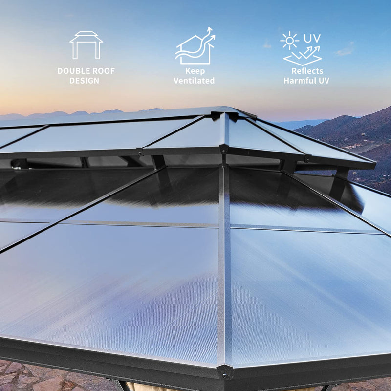 YOLENY 12'x20' Hardtop Gazebo, Outdoor Polycarbonate Double Roof Canopy, Aluminum Frame Permanent Pavilion with Curtains and Netting, Sunshade for Garden, Patio, Lawns
