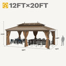 DWVO 12x20 ft Hardtop Gazebo Outdoor Heavy Duty Aluminum Gazebo with Nettings and Curtains, Combined of Horizontal and Vertical Stripes Roof for Patio, Backyard, Deck, Lawns and Balcony, Bronze