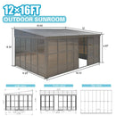 Domi 12x16FT Wall-Mounted Sunroom Gazebo, Aluminum Solarium with Galvanized Steel Sloping Roof, Detachable PC Screens, Front & 2 Side Sliding Doors, Outdoor Sun Room Lean to Gazebo for Patio Deck Lawn