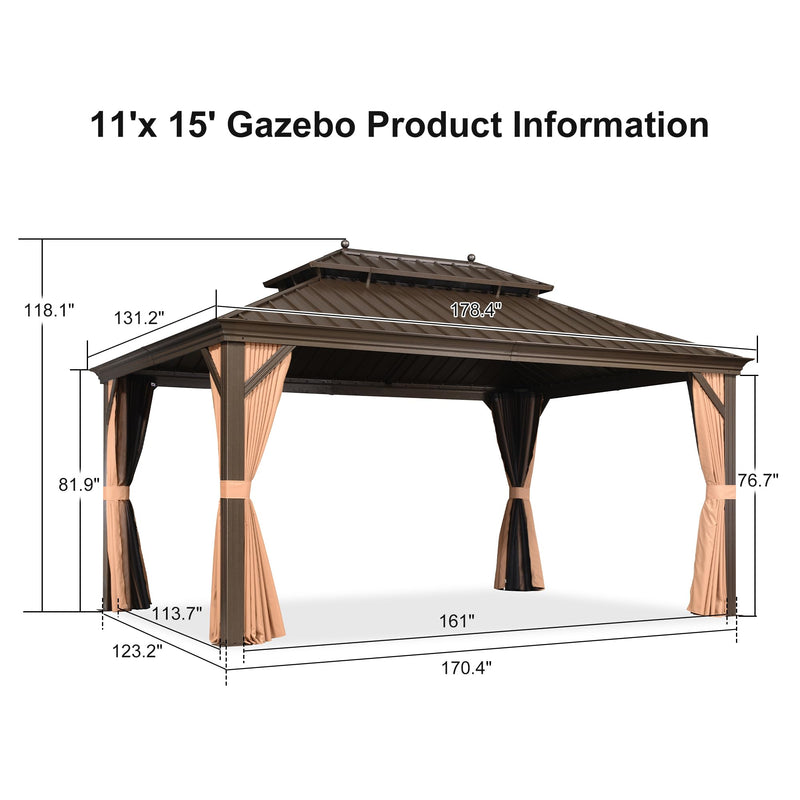 PURPLE LEAF 11' X 15' Outdoor Hardtop Gazebo Patio Wide Aluminum Frame Metal Double Roof with Heavy Duty Netting and Curtains for Permanent Hard Top Pavilion Screen, Khaki
