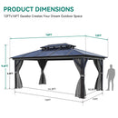 YITAHOME 12x16FT Polycarbonate Gazebo Double Roof Canopy Outdoor with Netting and Shaded Curtains, Aluminum Frame Polycarbonate Hardtop Garden Tent for Patio, Backyard, Deck and Lawns, Grey