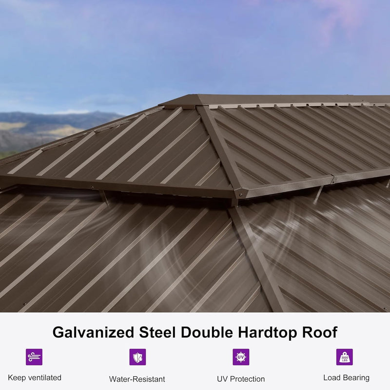 PURPLE LEAF 14' X 28' Outdoor Hardtop Gazebo Patio Wide Aluminum Frame Galvanized Steel Double Roof with Heavy Duty Netting and Curtains for Permanent Hard Top Pavilion Screen Khaki