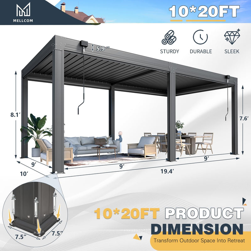 MELLCOM 10x20FT Louvered Pergola with 6 Pull-Down Screens, Aluminum Pergola with Adjustable Rainproof, Dark Gray