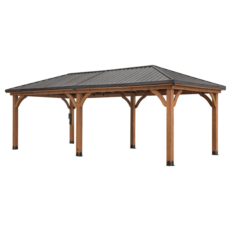 Backyard Discovery Barrington 24' x 12' Cedar Wood Outdoor Gazebo Pavilion with Hardtop Galvanized Steel Hip Roof, Snow Support, Wind Resistance, PowerPort, Shade for Garden, Patio, Deck, Entertaining