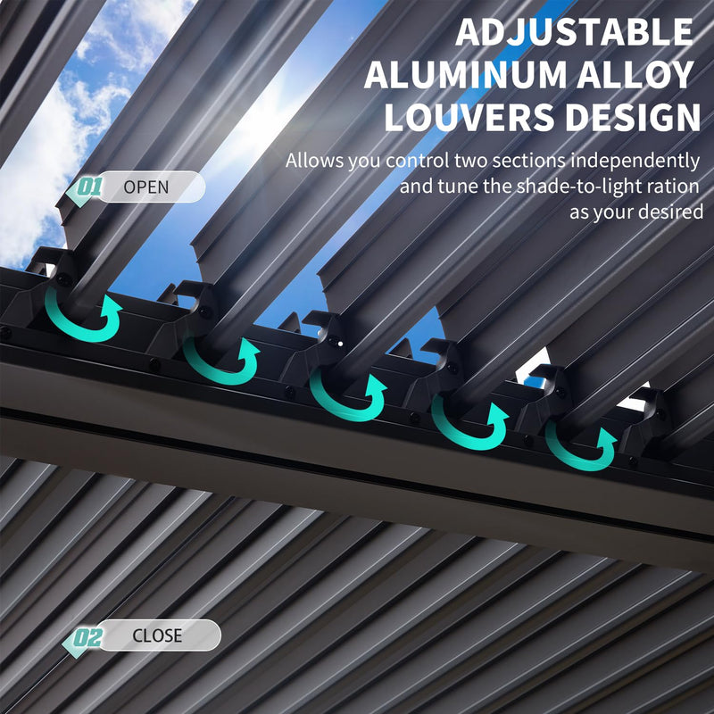 YOLENY Louvered Pergola 12x24, All Aluminum Pergola with Adjustable Rainproof Roof, Outdoor Pergola with Curtains and Nets for Patio & Garden, Dark Grey